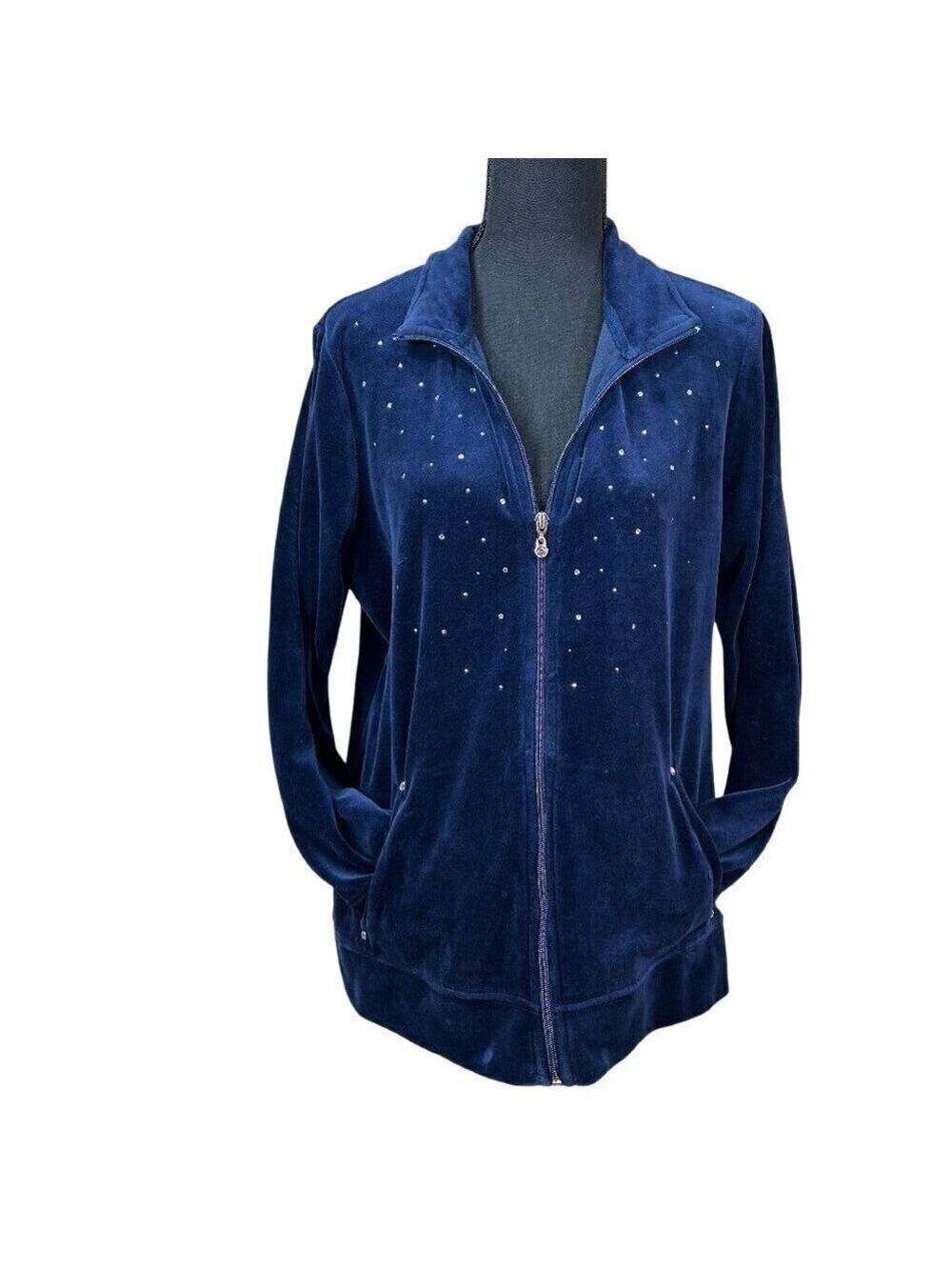 Karen Scott Sport Blue Jeweled Velour Jacket Size L